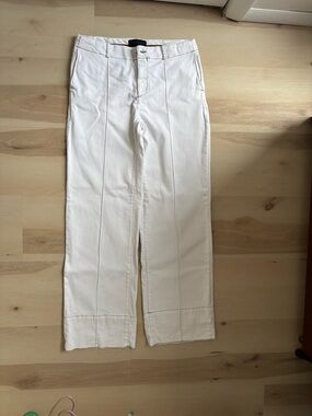 Zara White Pants with Brown Stitching and Gold Button